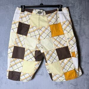 Kirra Board Shorts Mens 36 Yellow Brown Patchwork Surf Swim Trunks Y2K